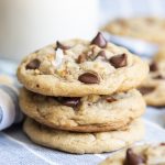 A stack of 3 drop style cookies with chocolate chips, pecans, and shredded coconut.