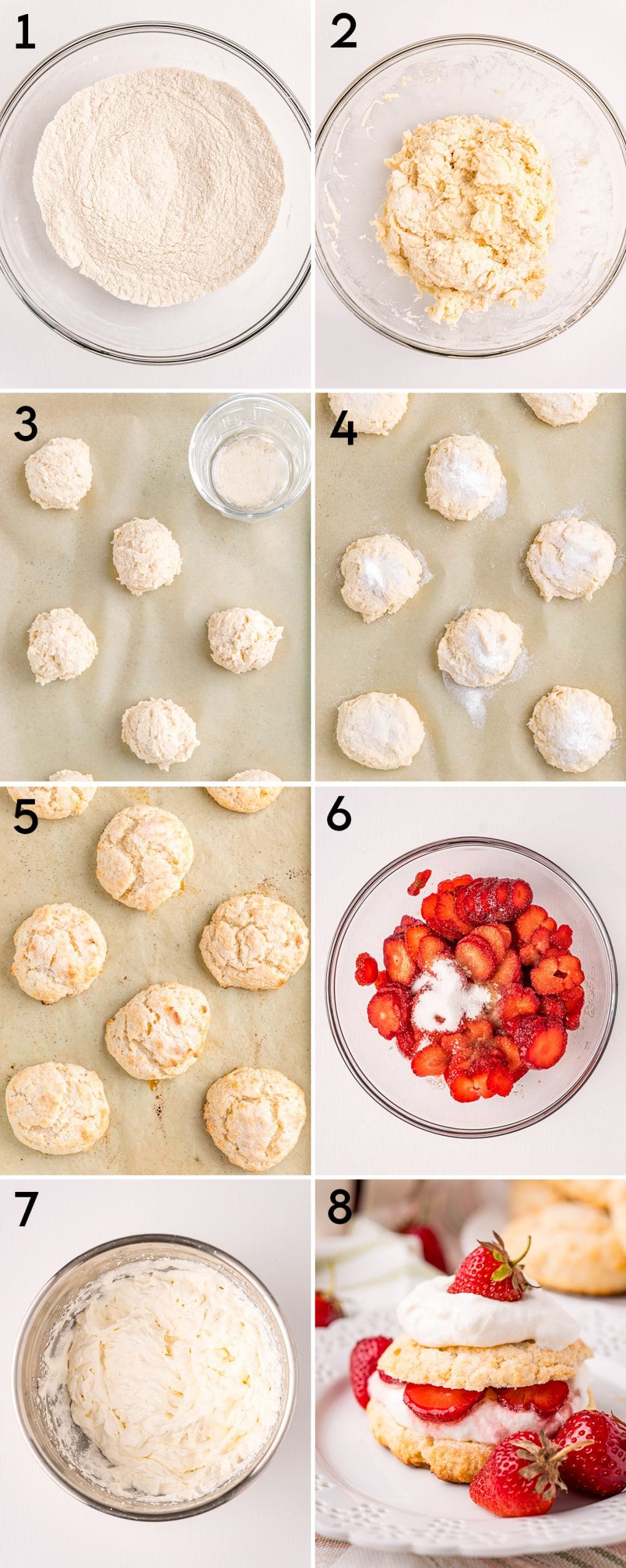 A collage of 8 step by step photos showing how to make strawberry shortcakes.