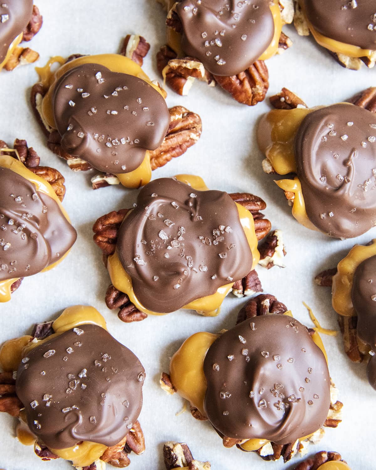 Chocolate turtle candies arranged close together on a piece of parchment paper.