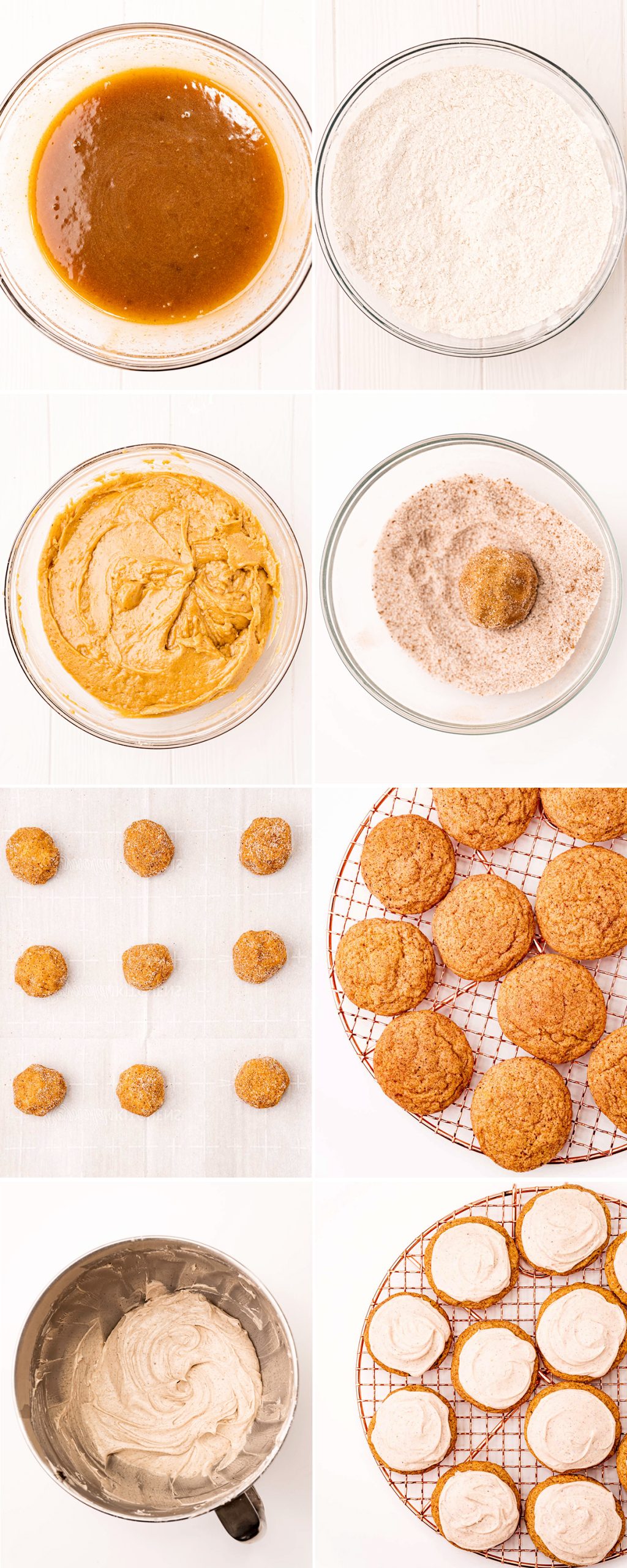 A collage of 8 step by step photos showing how to make pumpkin cookies with cream cheese frosting.