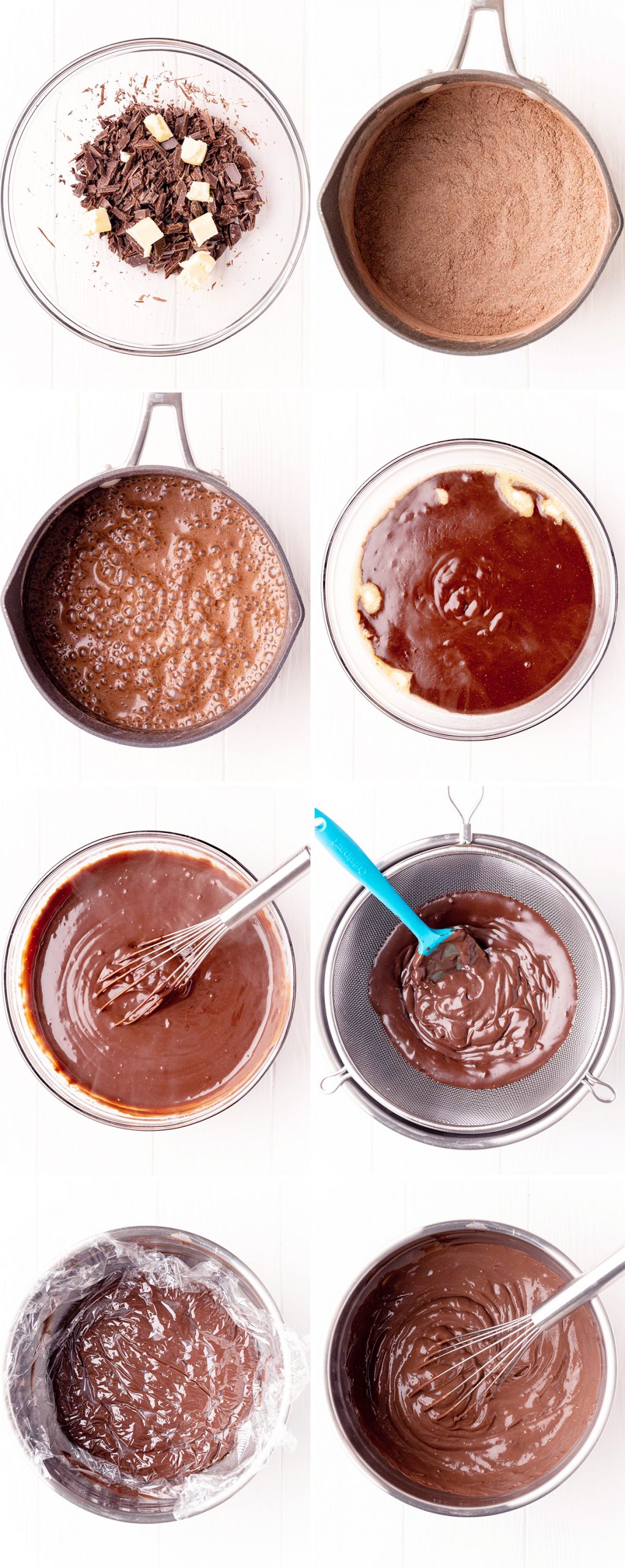 A collage of 8 step by step photos showing how to make homemade chocolate pudding.