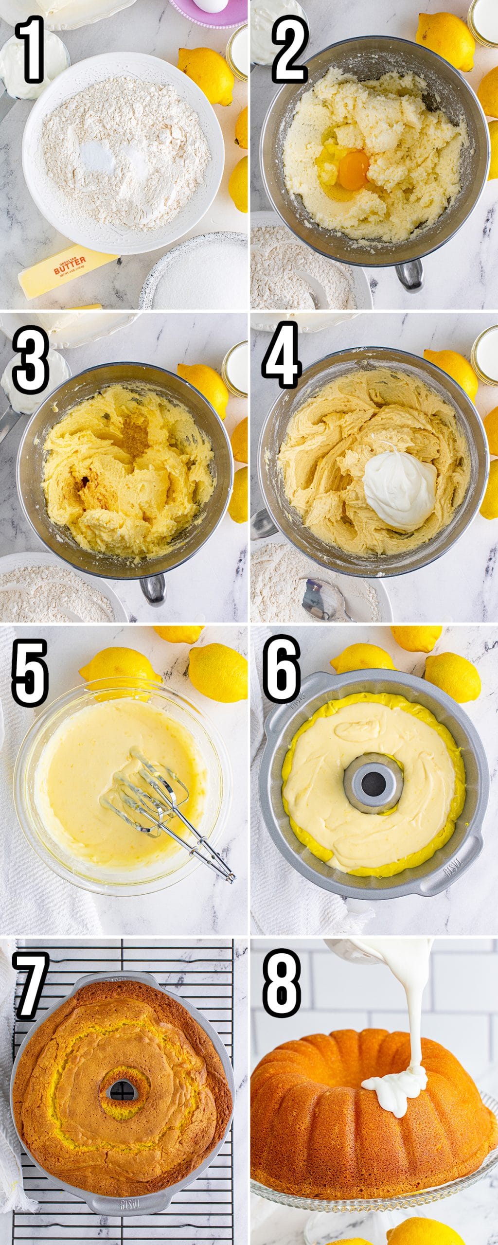 A collage of 8 step by step images showing how to make a lemon cream cheese bundt cake.