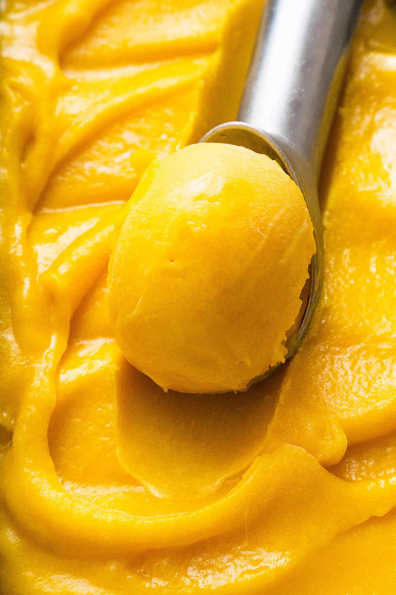 An ice cream scoop full of mango ice cream on a container of it.