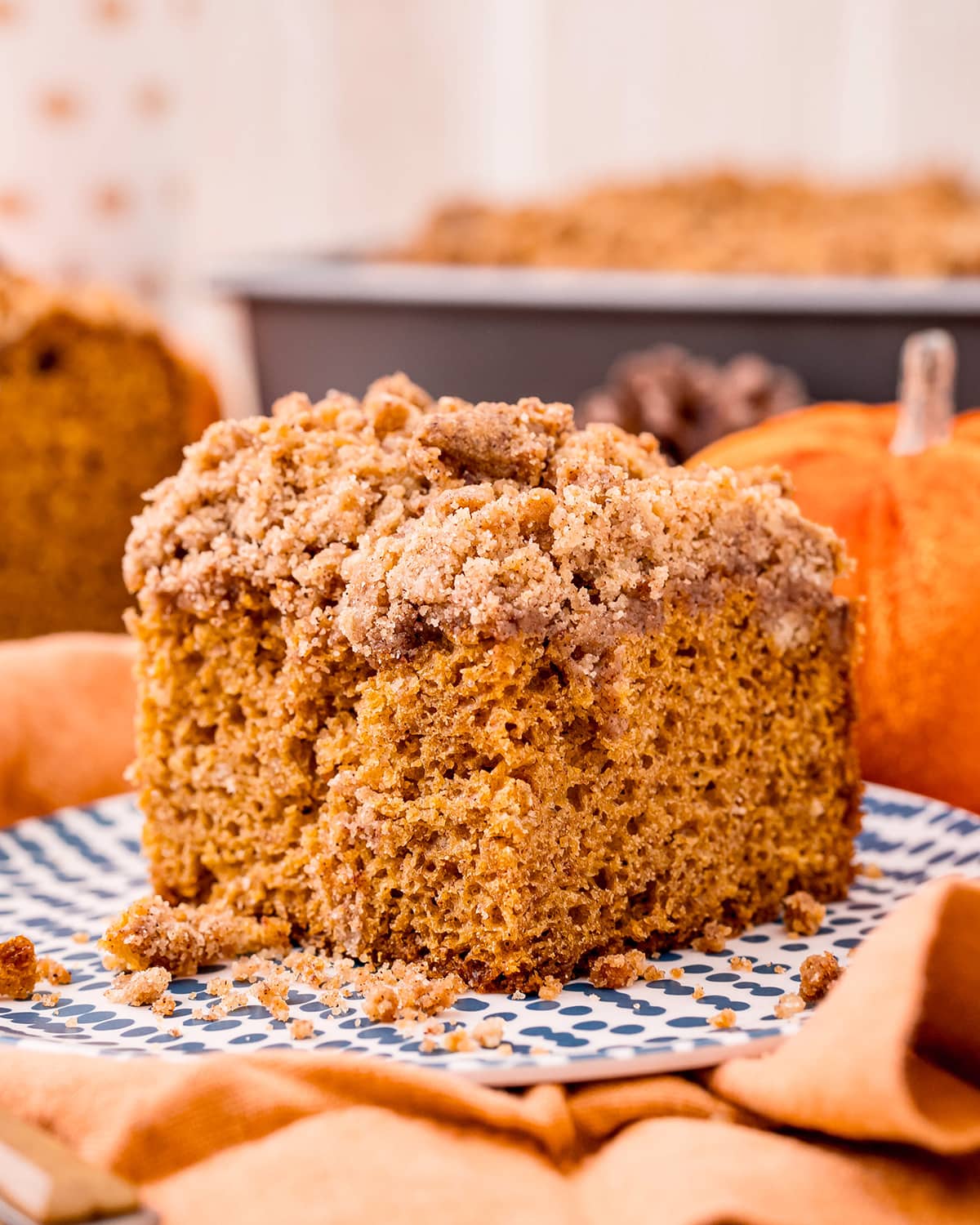 Pumpkin coffee cake on a plate.