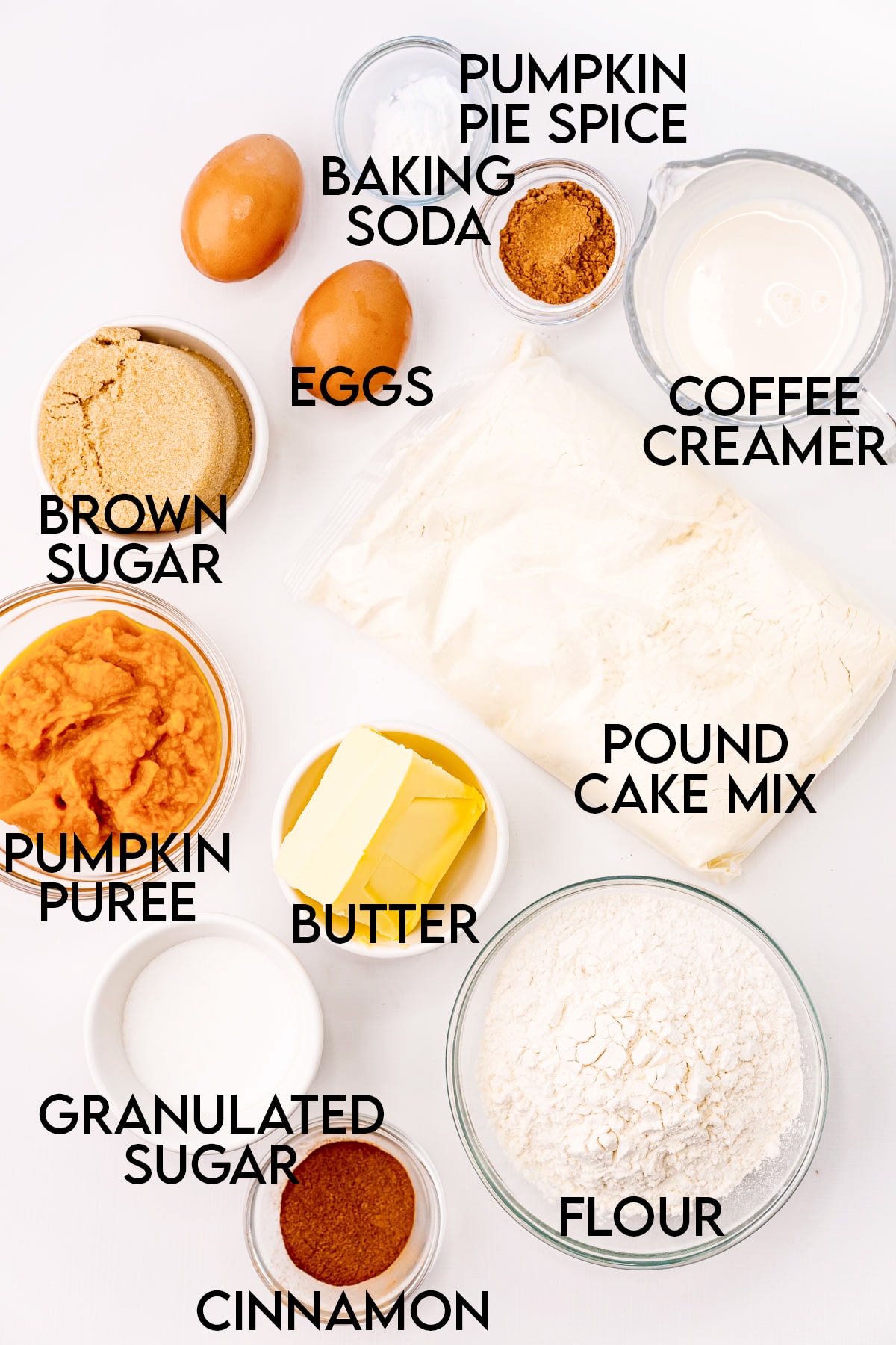 The ingredients needed to make pumpkin coffee cake. They are labeled with text over them.