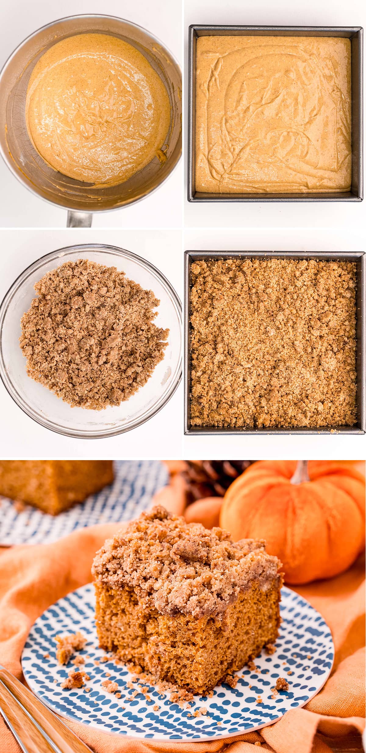 A collage of step by step photos showing how to make a pumpkin coffee cake.