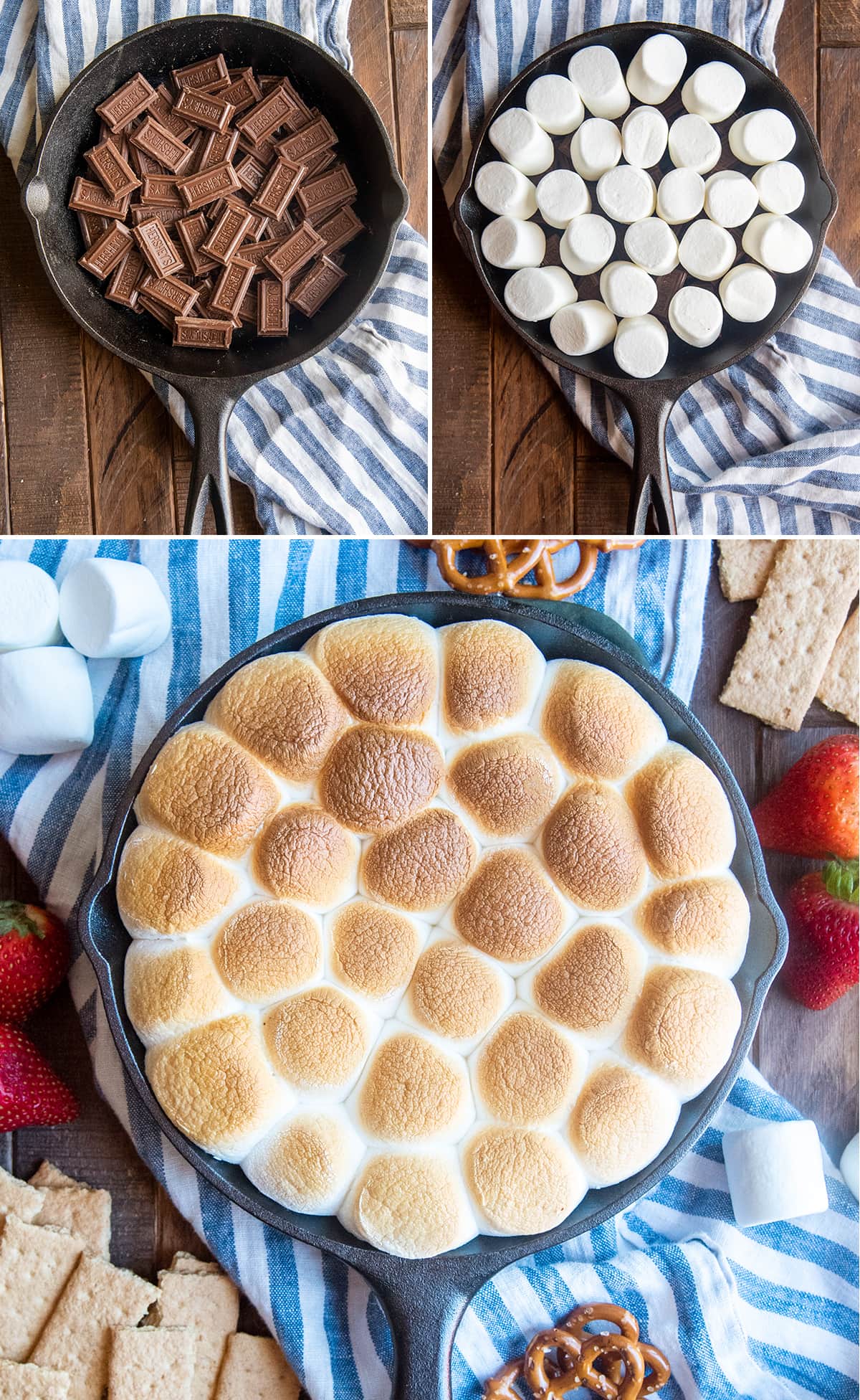 A collage of photos showing how to make a s'mores dip.
