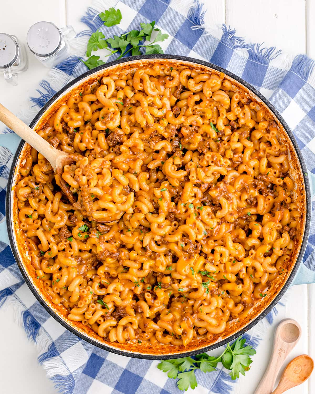 An overhead shot of a hamburger helper type pasta recipe. 