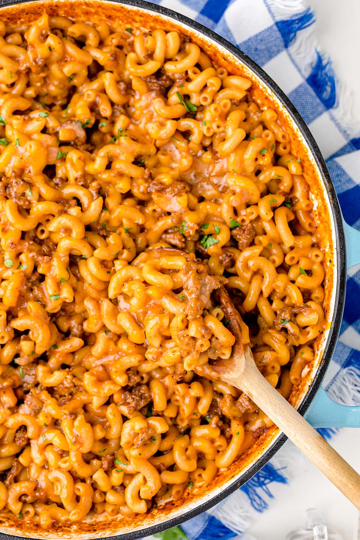 A pot of homemade cheesy hamburger helper macaroni.