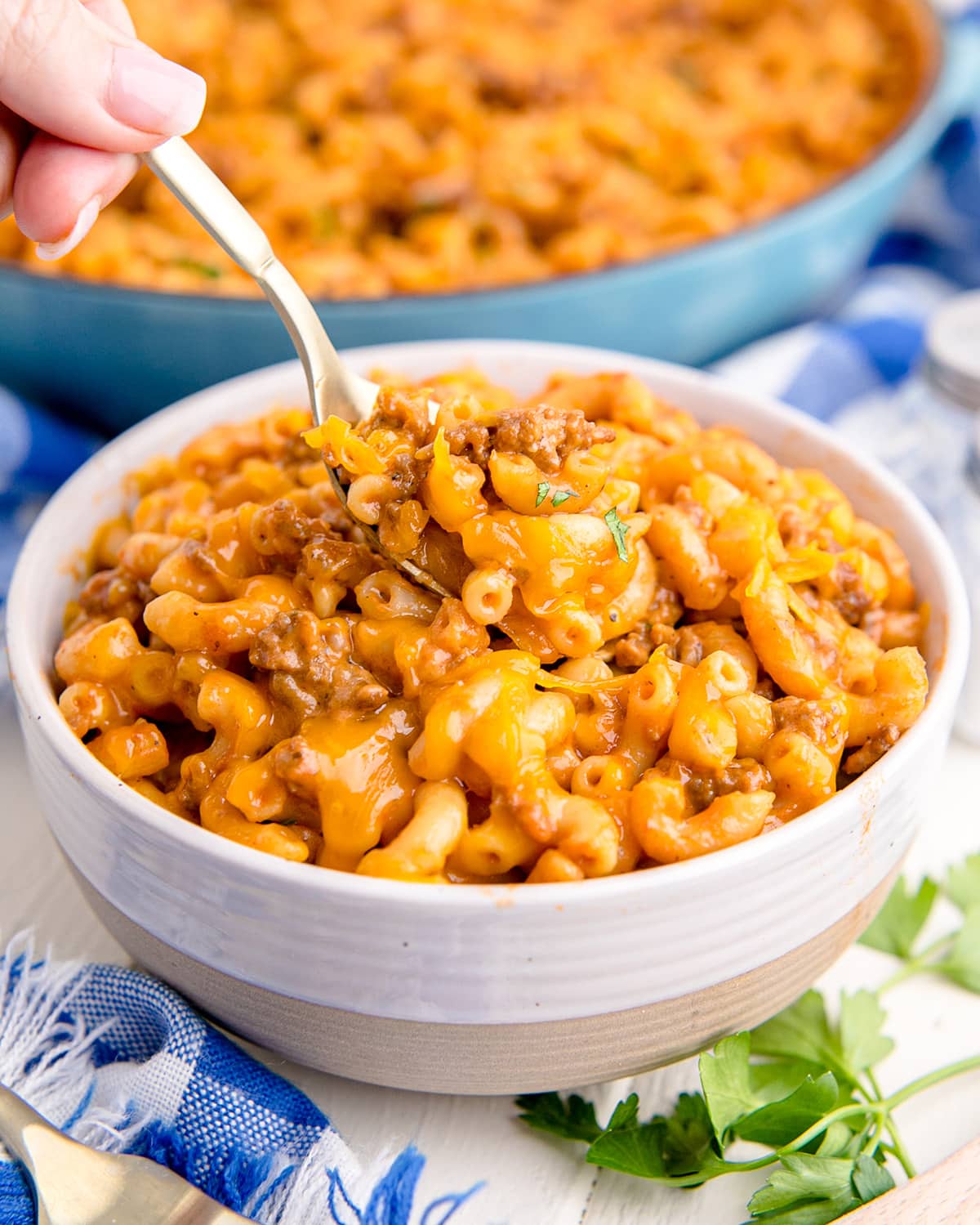 A white bowl full of a homemade hamburger helper pasta.