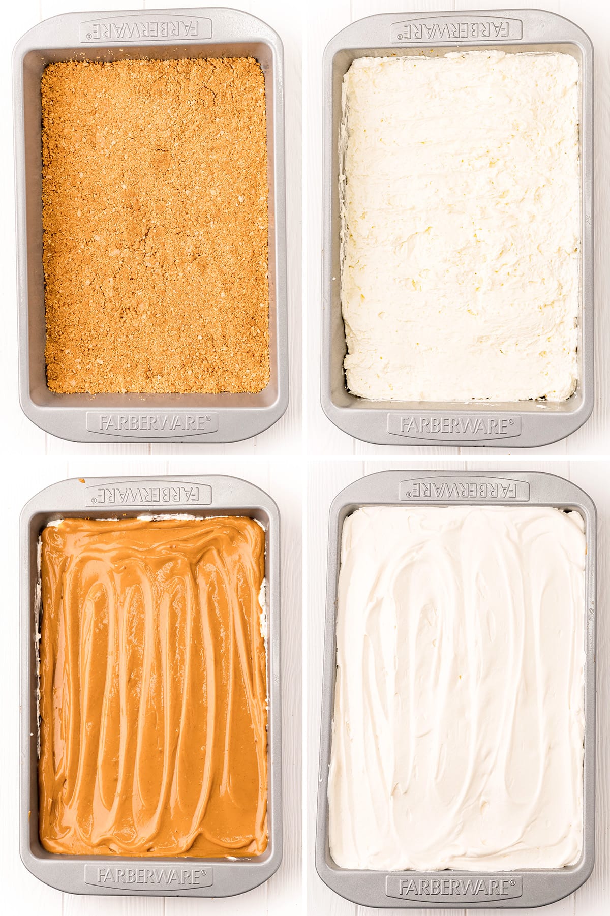 A collage of 4 photos showing the layers of pumpkin delight dessert.