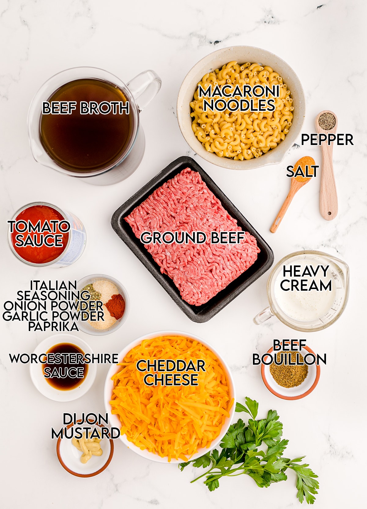 An overhead photo of the ingredients needed to make homemade hamburger helper.