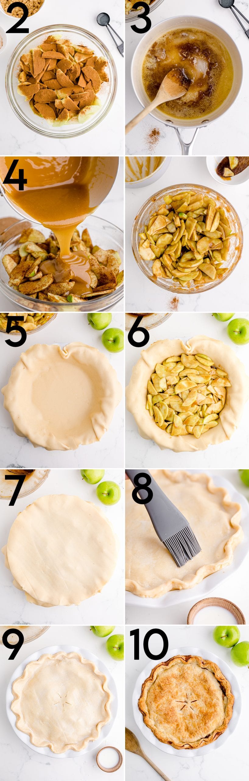  A collage of 10 step by step photos showing the steps of how to make an apple pie.