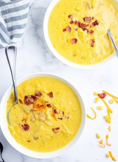 Two bowls of corn chowder.
