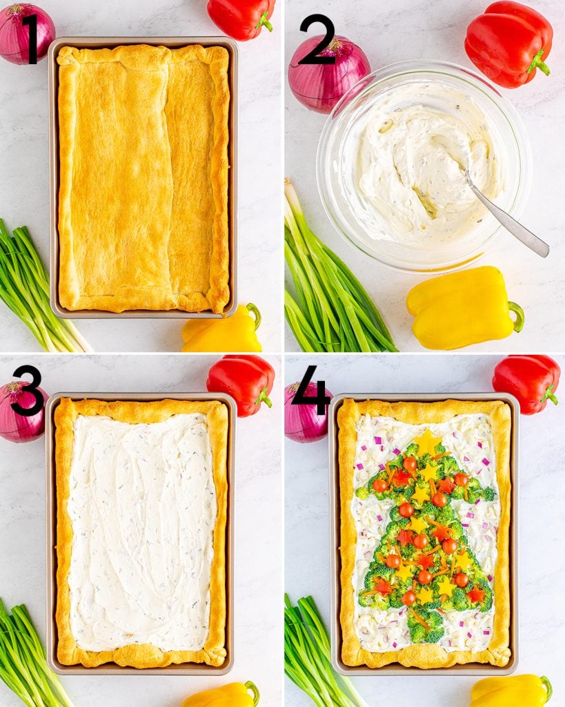 A collage of 4 photos showing how to make crescent roll veggie pizza. The golden baked crust in a pan, the cream cheese ranch dip in a bowl. The ranch dip spread on the crust. And last a Christmas tree shaped out of vegetables on the dip.