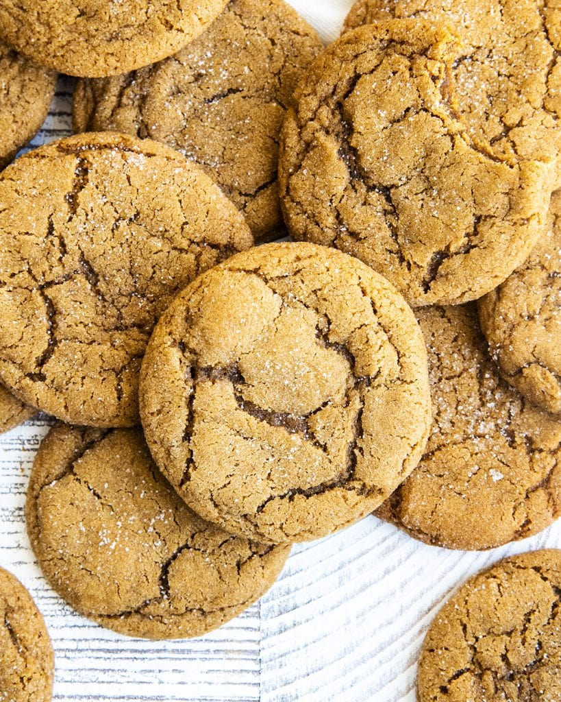 A random assortment of soft ginger molasses cookies piled together.