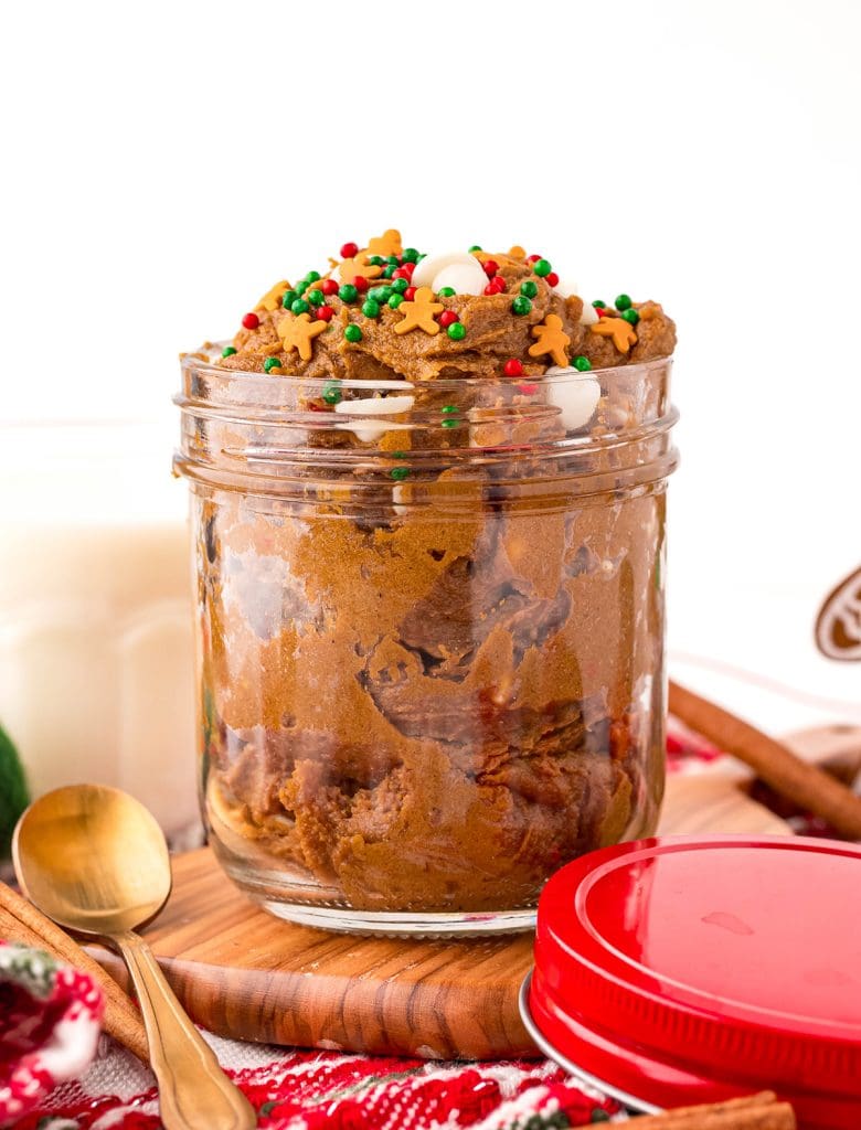 A jar of edible gingerbread cookie dough.