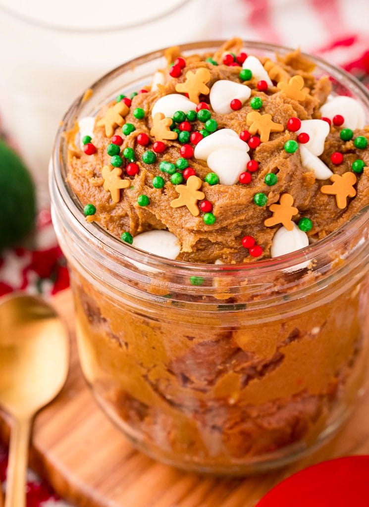 A close up of ginger molasses cookie dough topped with white chocolate chips and holiday sprinkles.