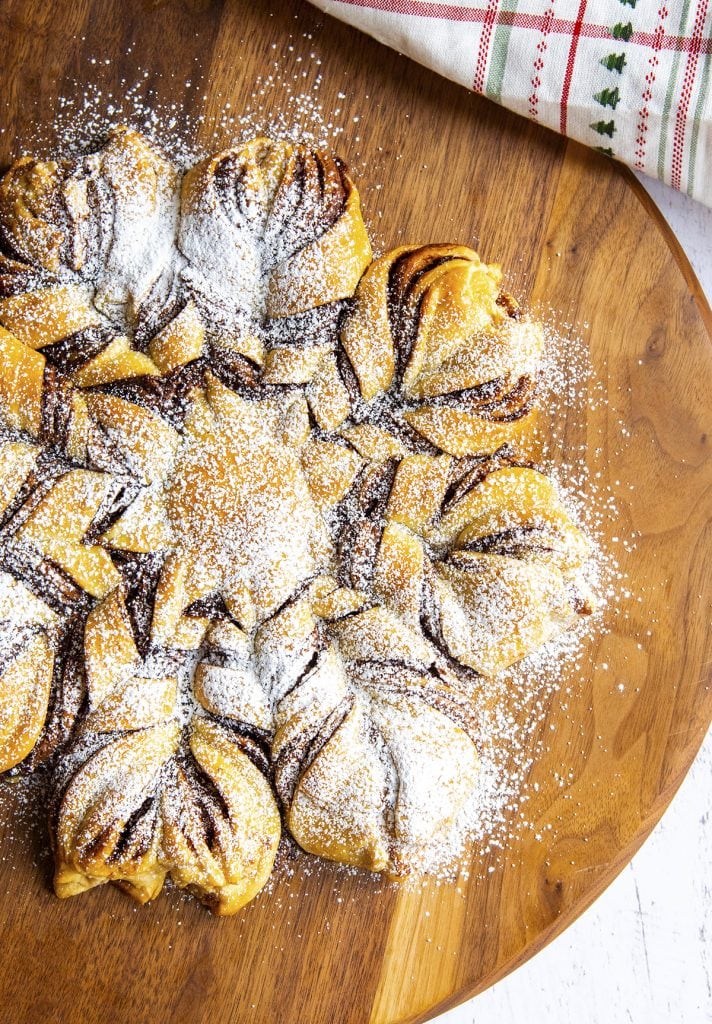Nutella Star Bread with dough twisted with Nutella and dusted with powdered sugar.
