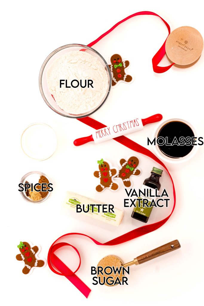 The ingredients needed to make gingerbread cookie dough, each ingredient is labeled, flour, molasses, vanilla extract, butter, brown sugar, and spices.