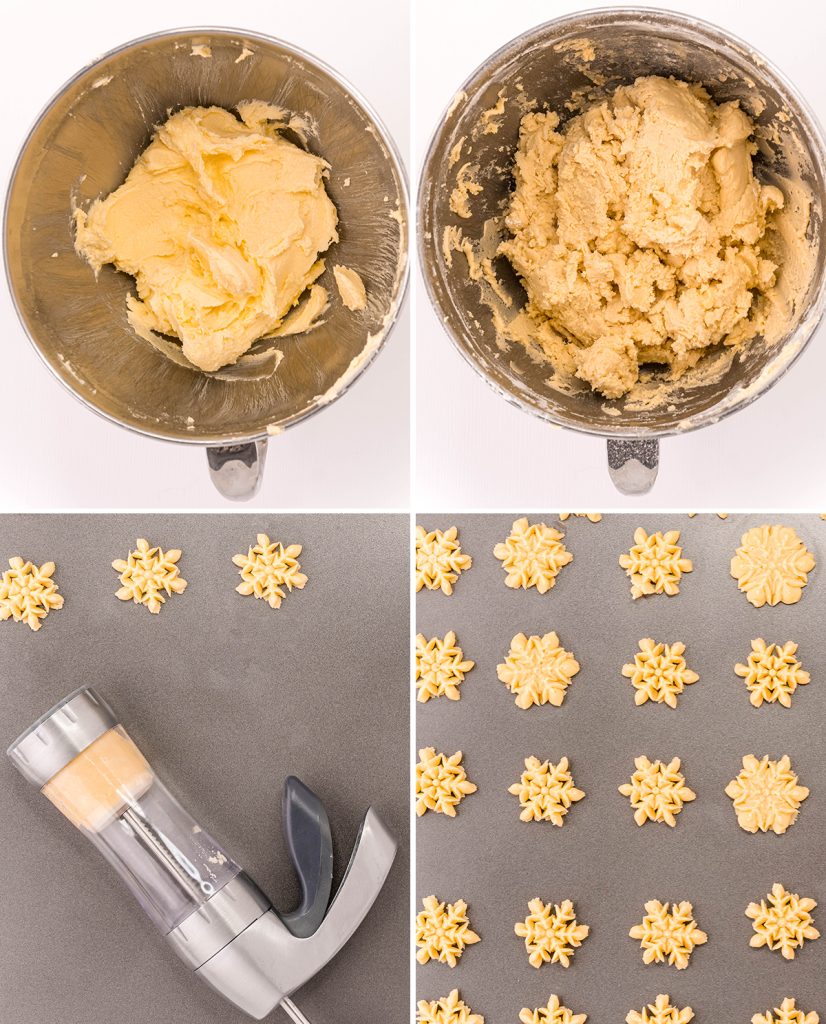 A collage of 4 step by step images showing how to make spritz cookies.