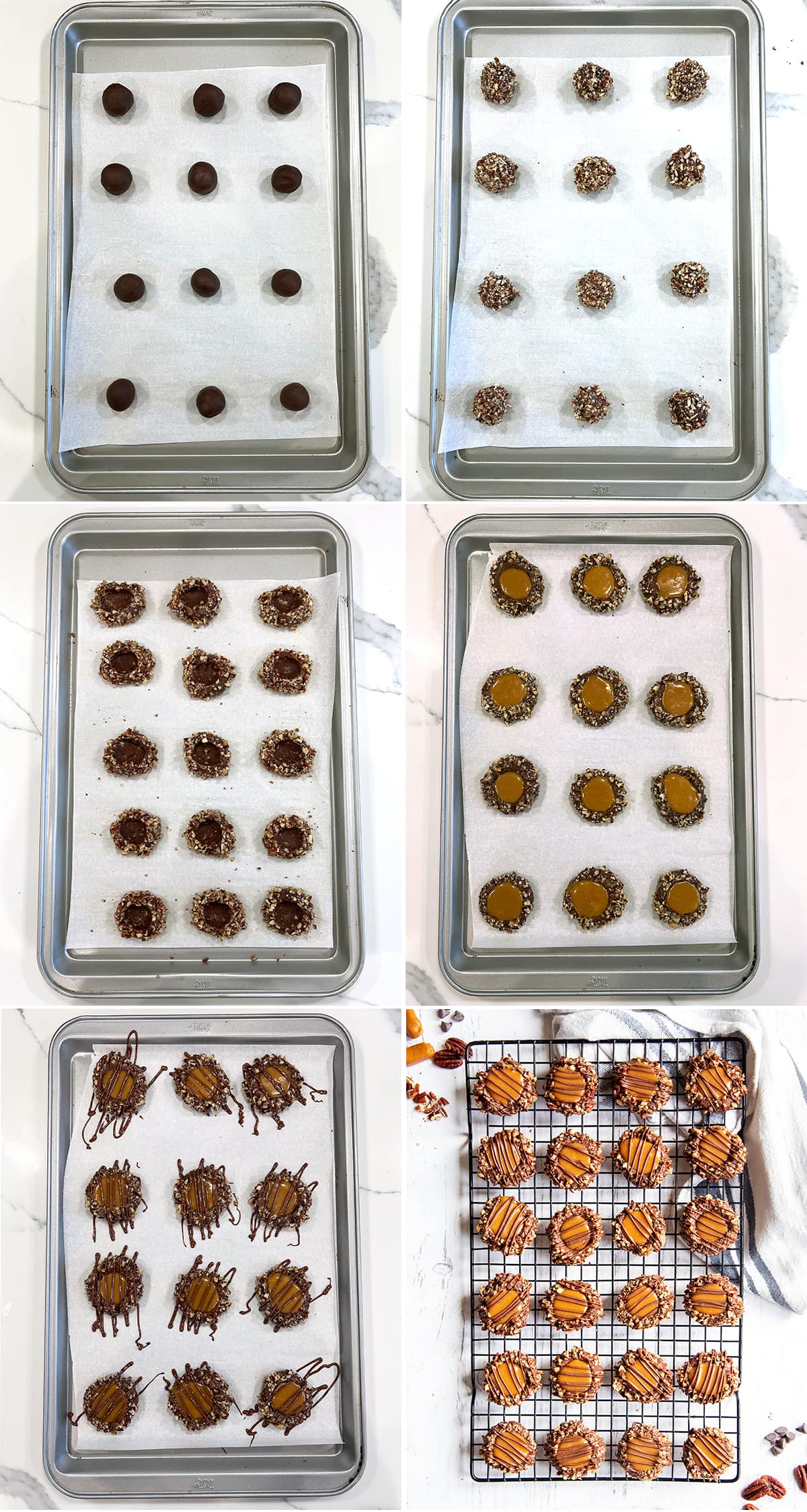 A collage of 6 photos showing the assembly of making turtle thumbprint cookies.
