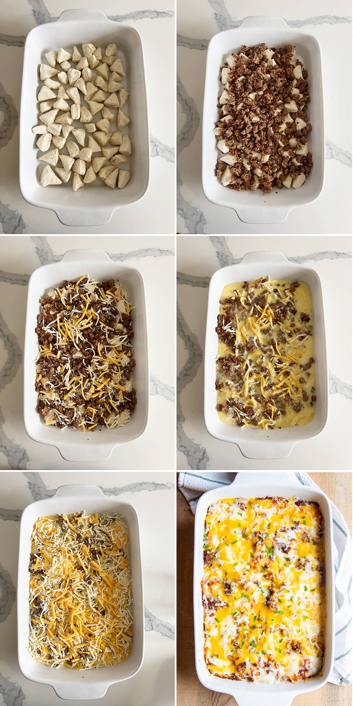 A collage of 6 photos showing how to make biscuit breakfast casserole.