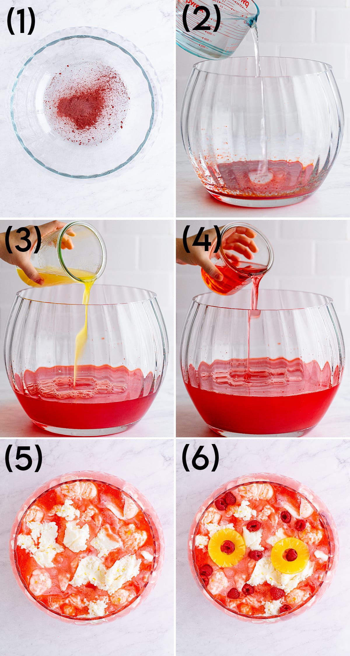 A collage of 6 photos showing how to make New Year's Eve Sherbet Punch in a large punch bowl.