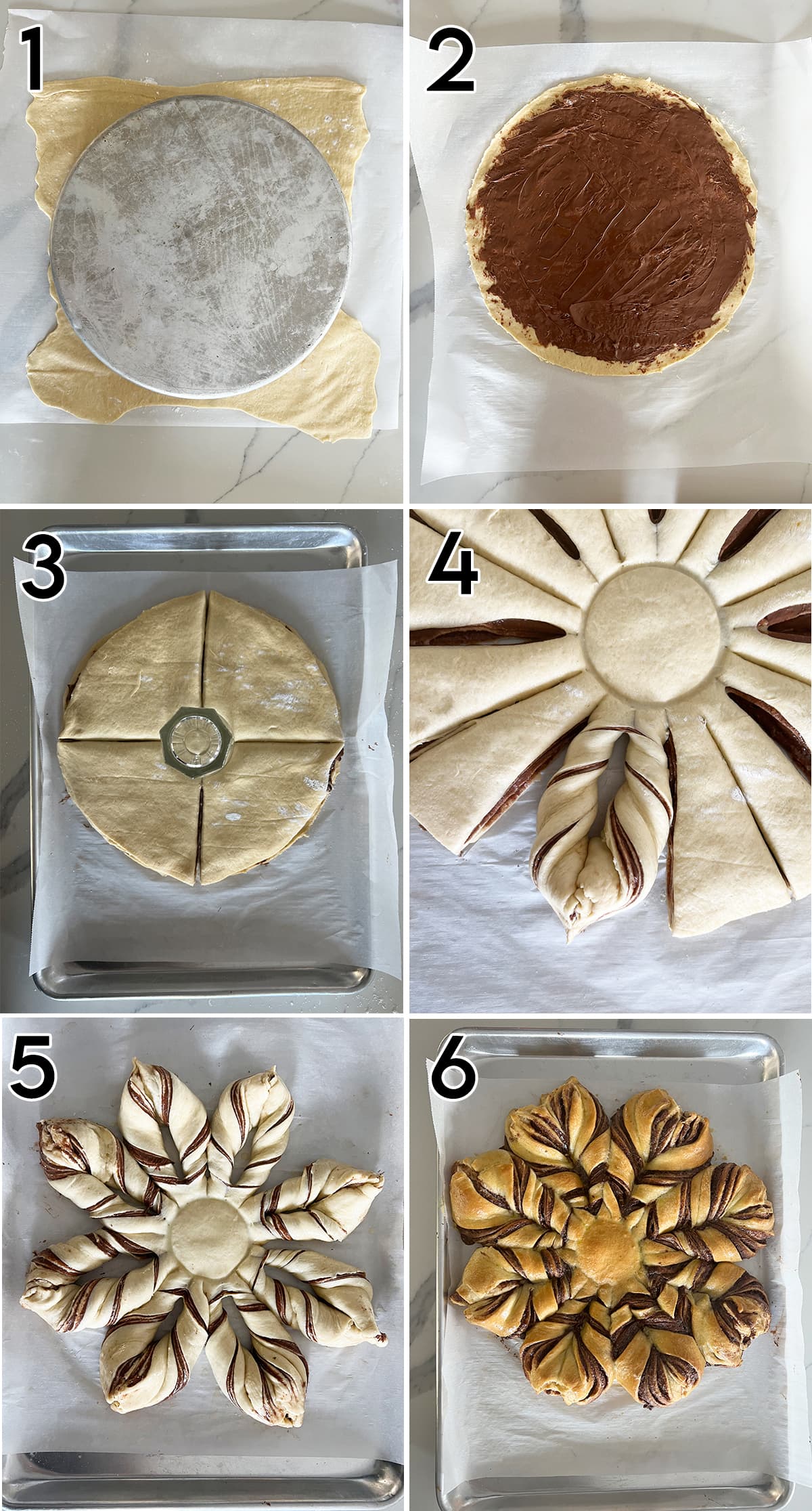 A collage of 6 photos showing how to make Nutella Star Bread.