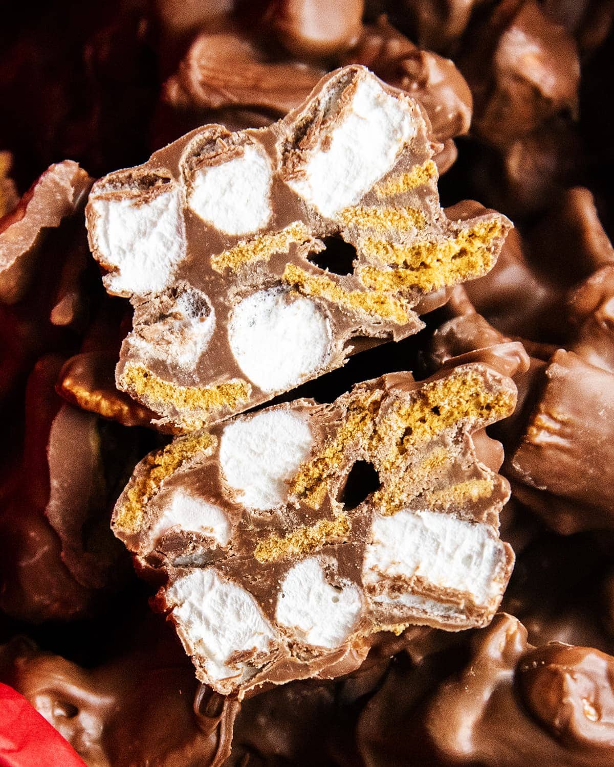 A close up of a s'mores cluster cut in half showing mini marshmallows, and golden graham cereal surrounded in chocolate.