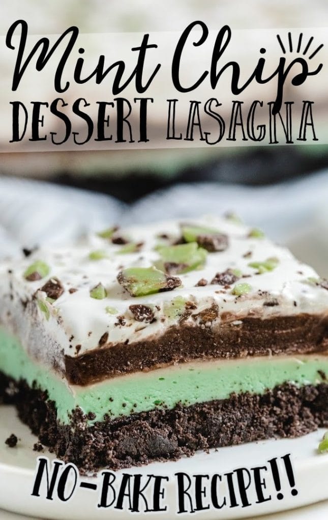 A piece of mint chip dessert lasagna on a plate with text overlay for pinterest.