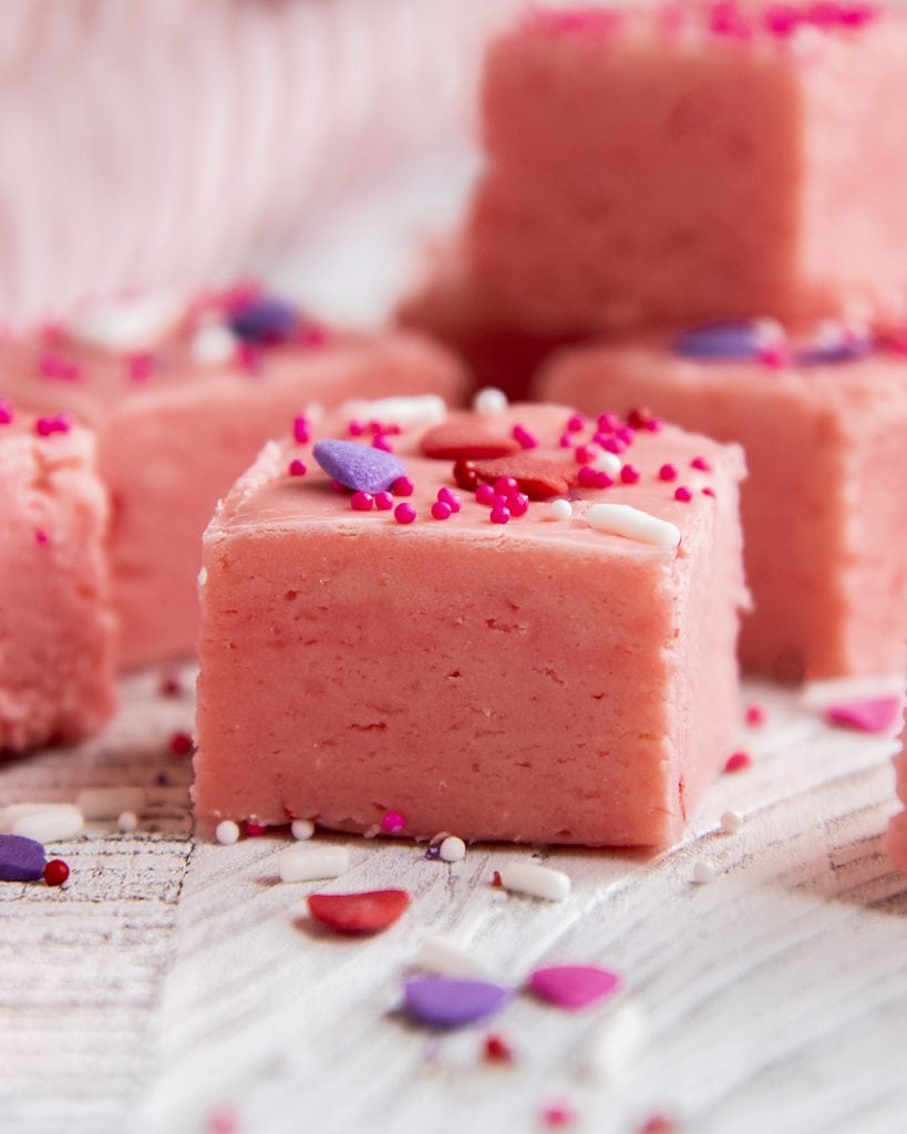 Valentine's Day fudge topped with sprinkles.