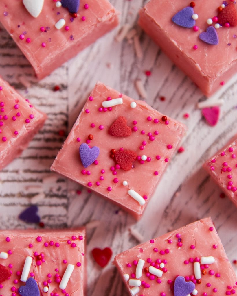 An overhead photo of pink strawberry fudge.