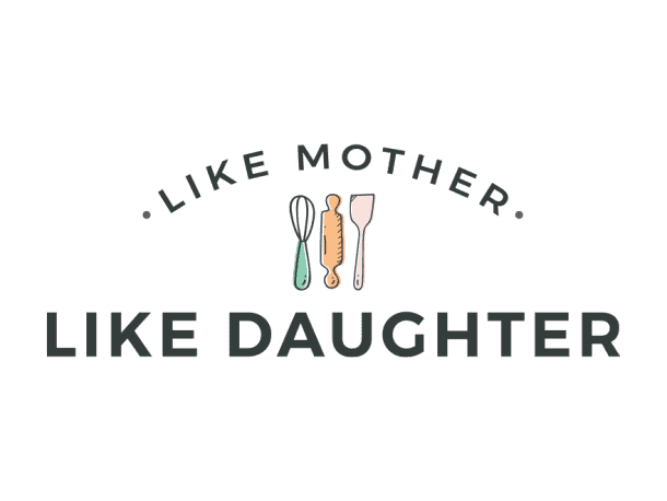 A blog logo that says Like Mother Like Daughter with a graphic of a whisk, rolling pin and spatula in the middle.