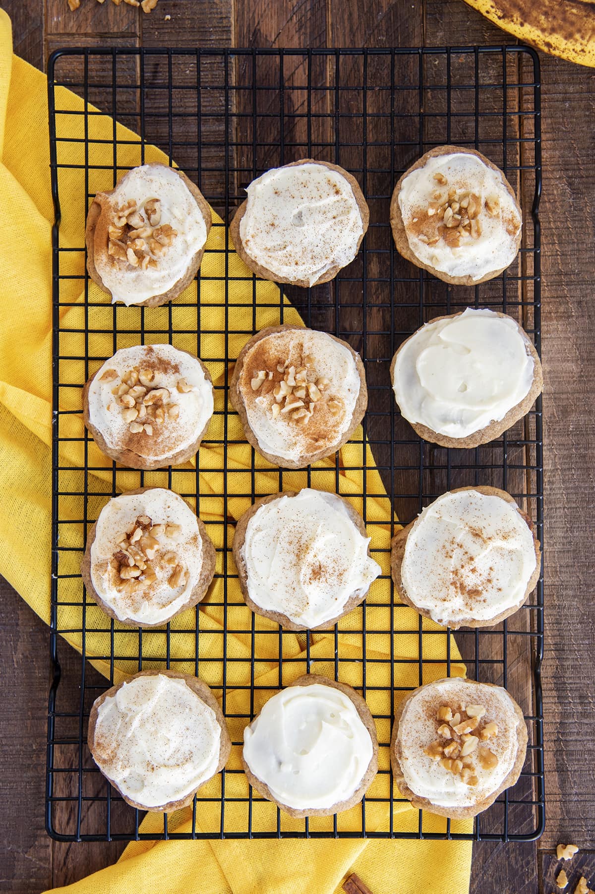 An overhead photo of banana bread cookies on a cooling rack.
