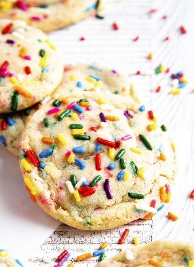 A close up of a funfetti sprinkle cookie.
