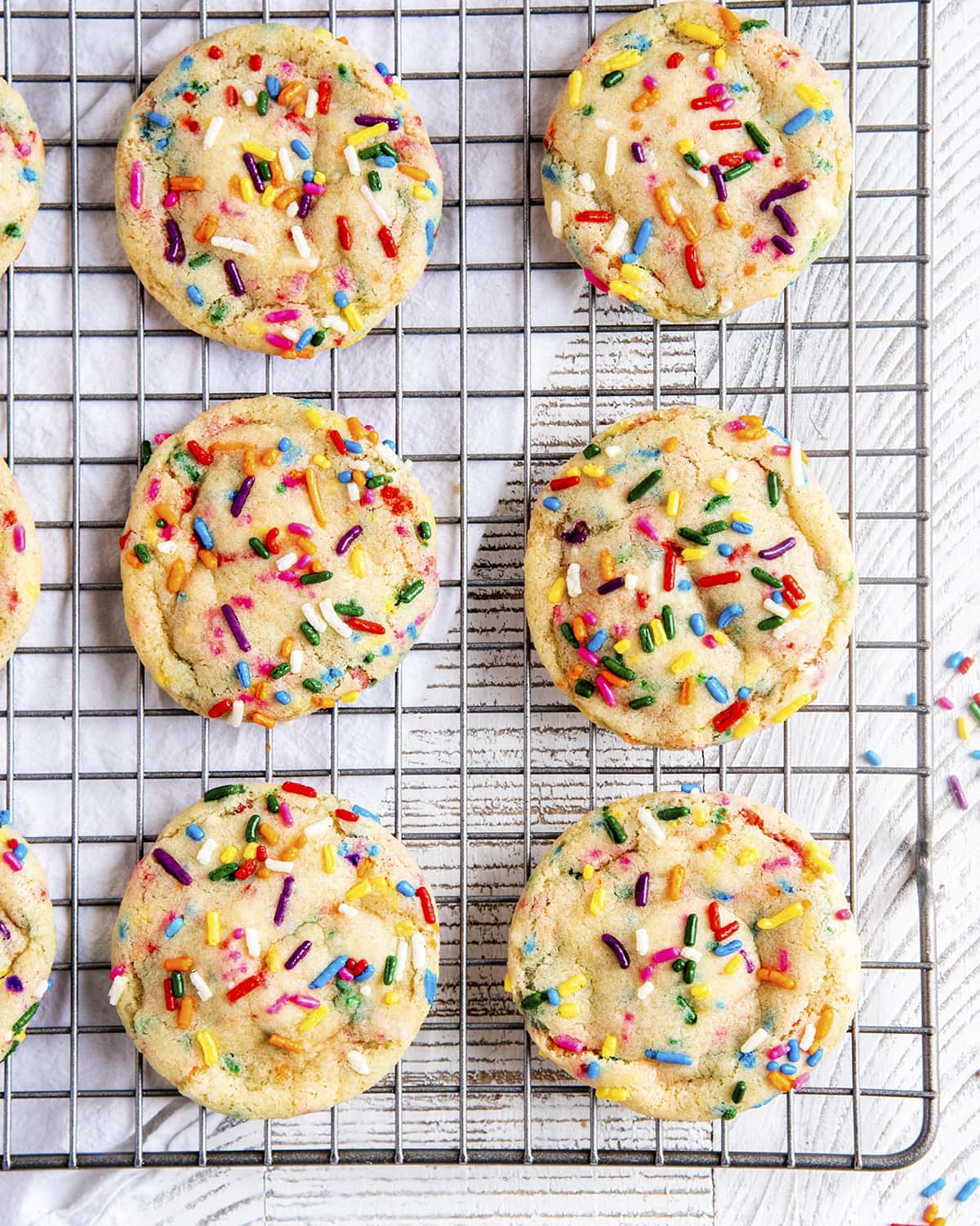 Funfetti cookies on a cooling rack.