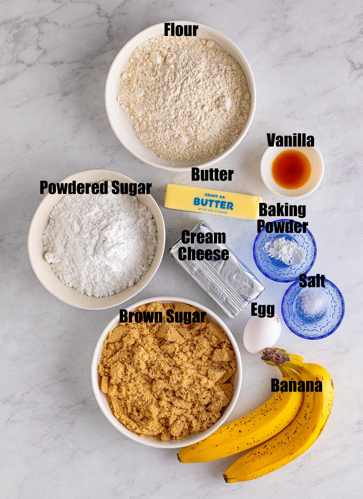 The ingredients needed to make Banana Blondies, each labeled.