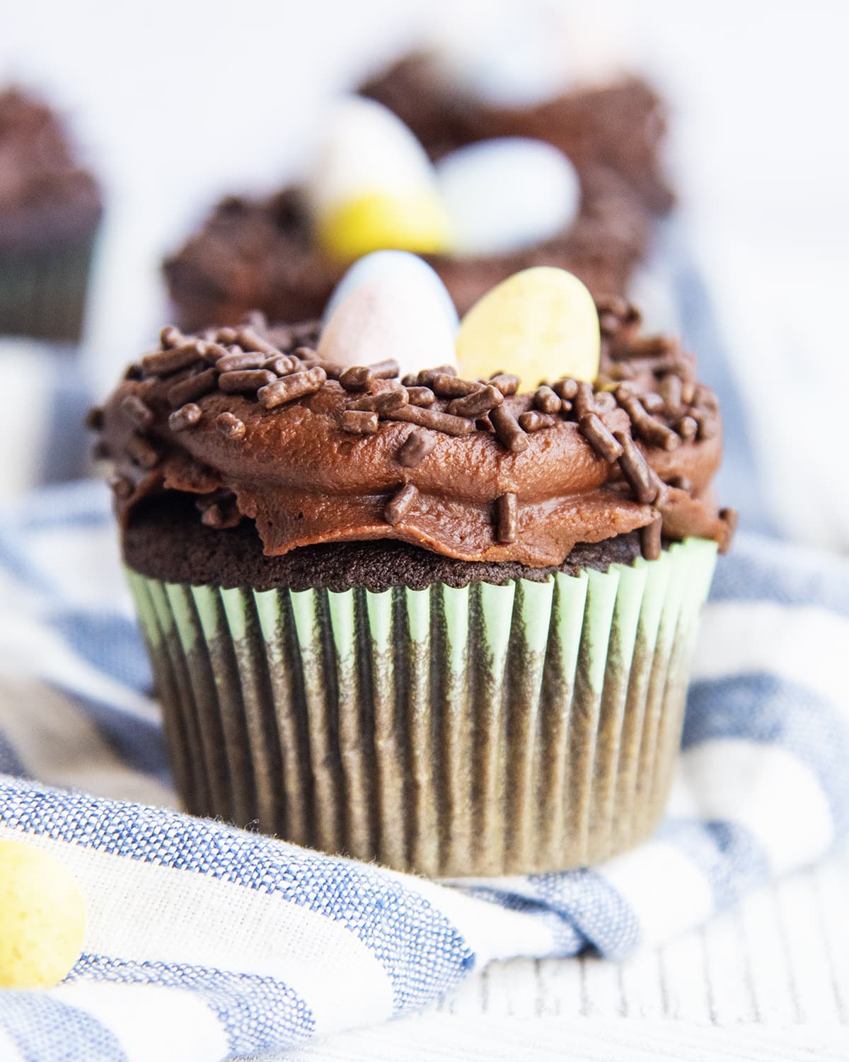A chocolate cupcake decorated to look like a bird's nest.