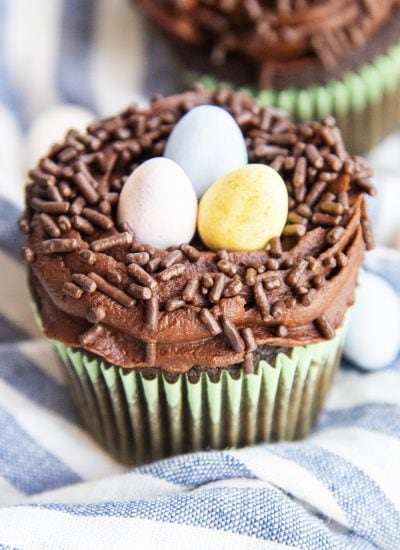 A chocolate cupcake decorated with chocolate frosting and sprinkles to look like a bird's nest, with three chocolate candy eggs in the middle.