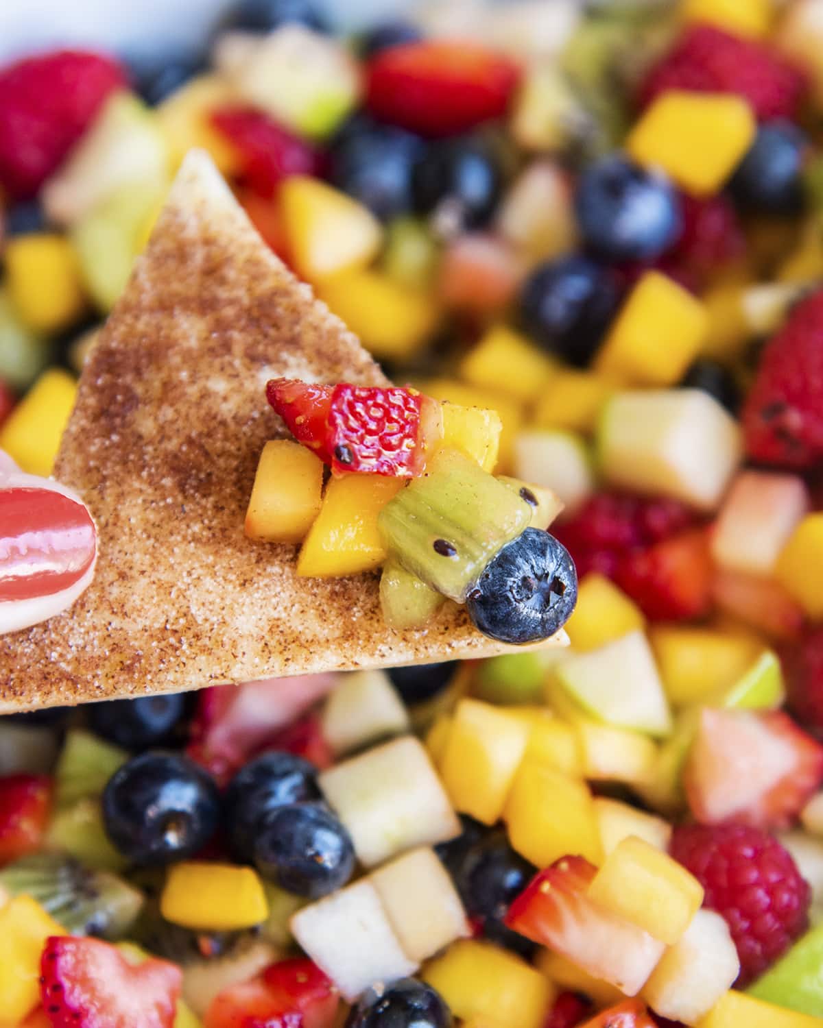 A hand holding a cinnamon tortilla chip with fruit salsa on it.