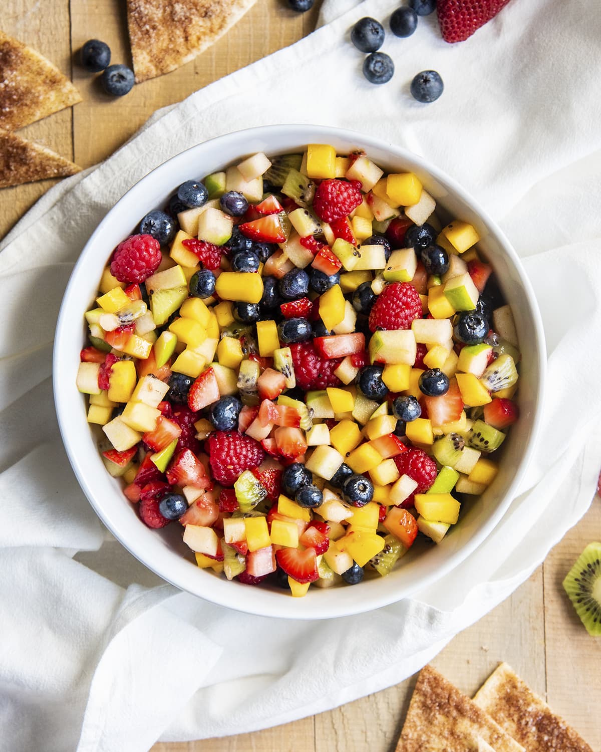 An overhead photo of tiny diced fruit making a fruit salsa.