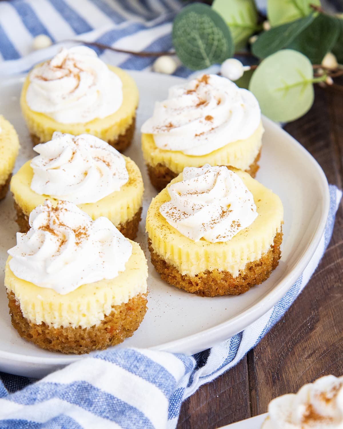 A plate of mini cheesecakes with a carrot cake crust, and topped with fresh whipped cream.