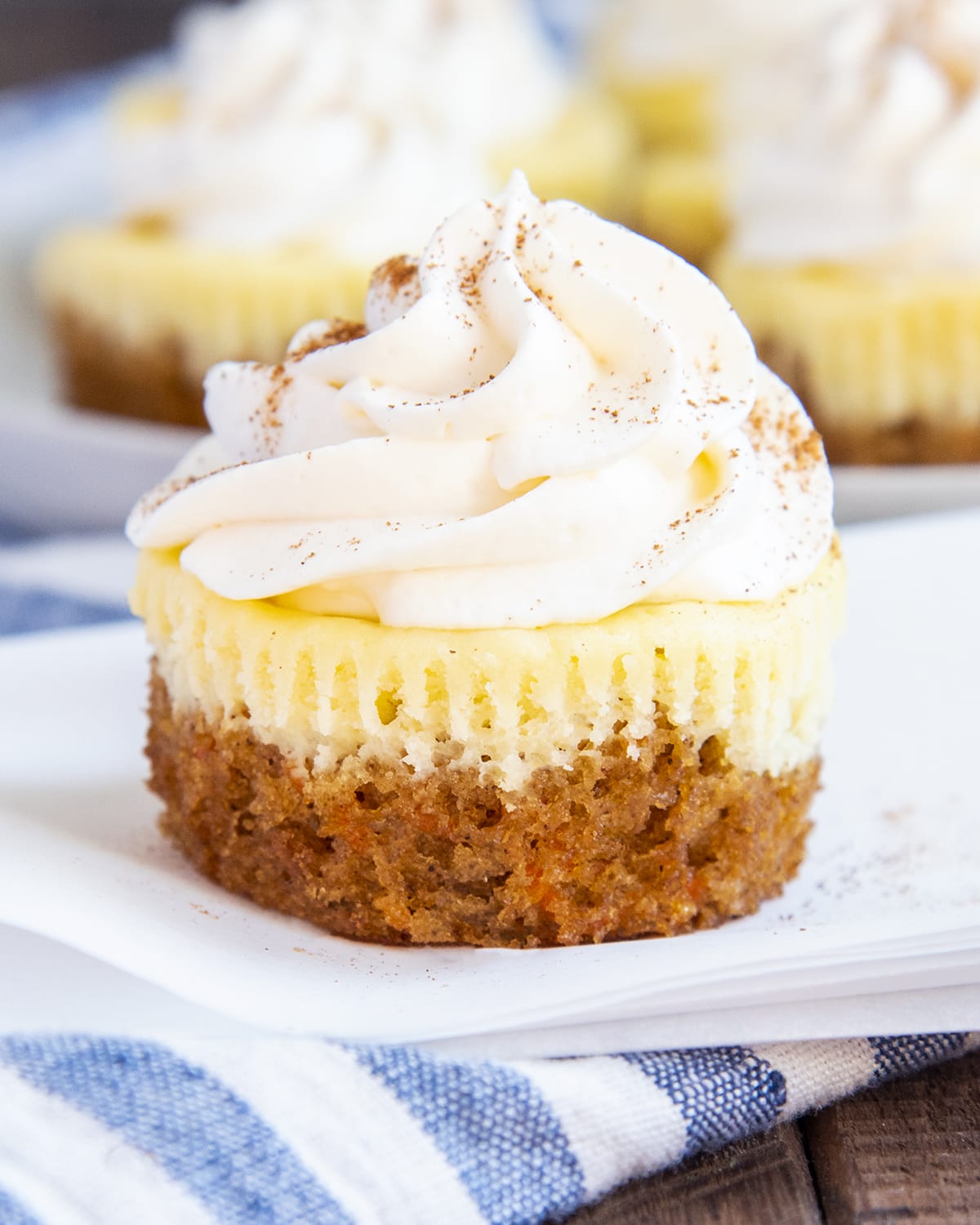 A close up of a mini carrot cake cheesecake cupcake, topped with whipped cream.