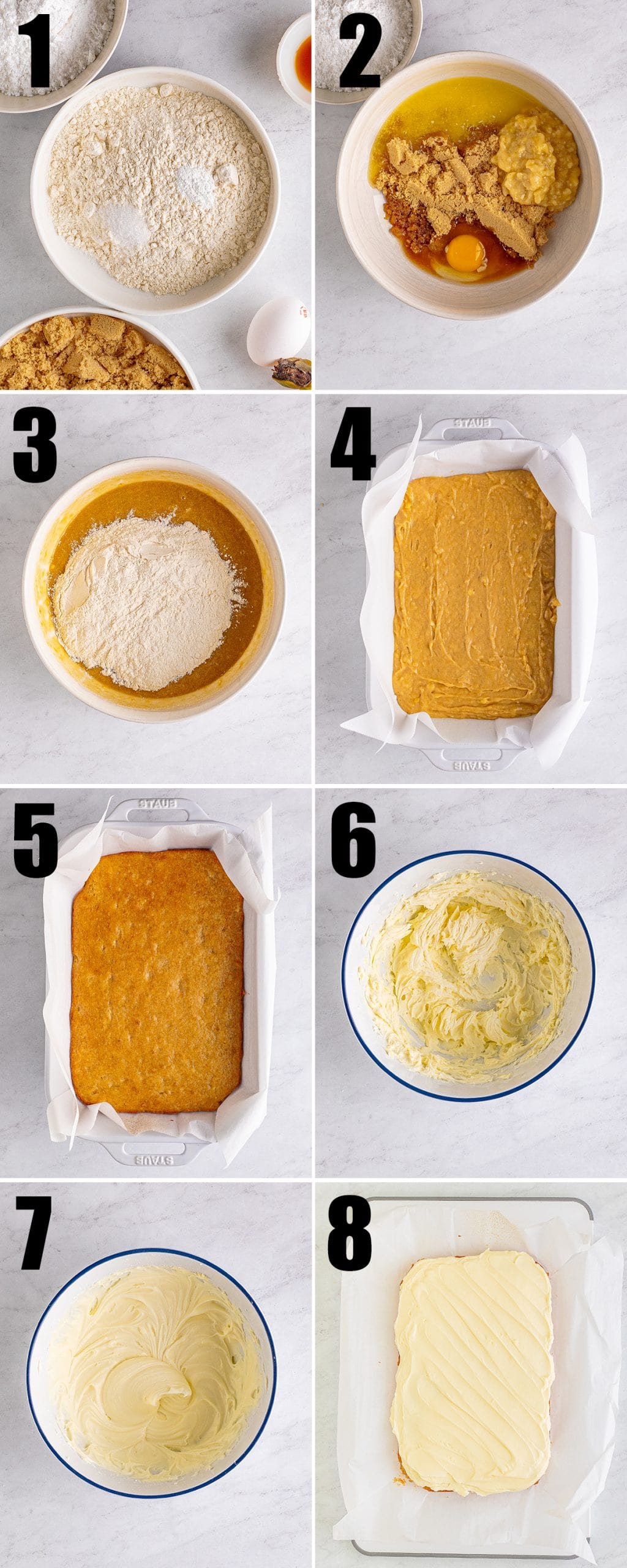A collage of 8 step by step photos showing how to make banana blondies.