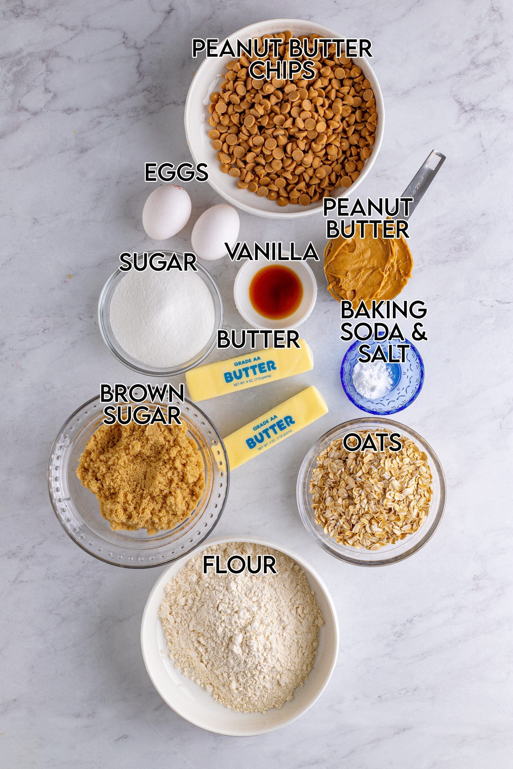 The ingredients needed to make peanut butter oatmeal cookies, each labeled with what they are.