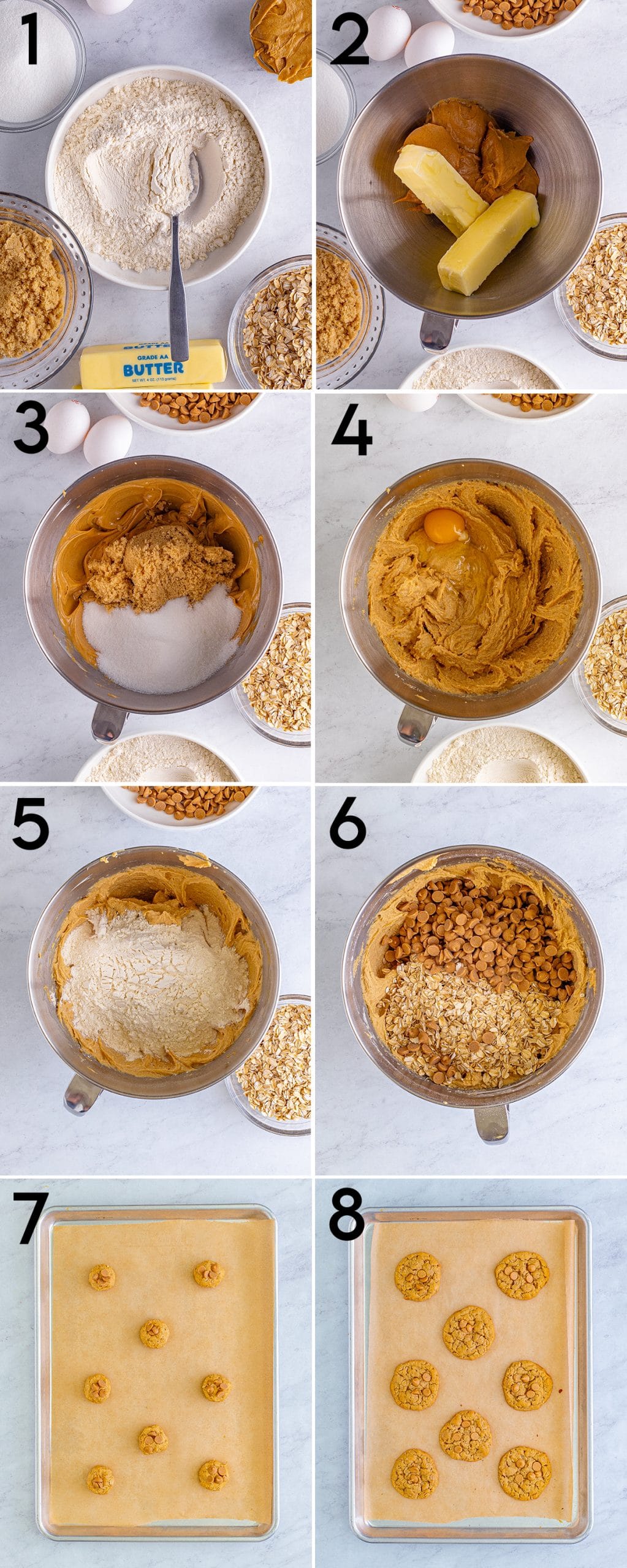 A collage of 8 step by step images showing how to make peanut butter oatmeal cookies.