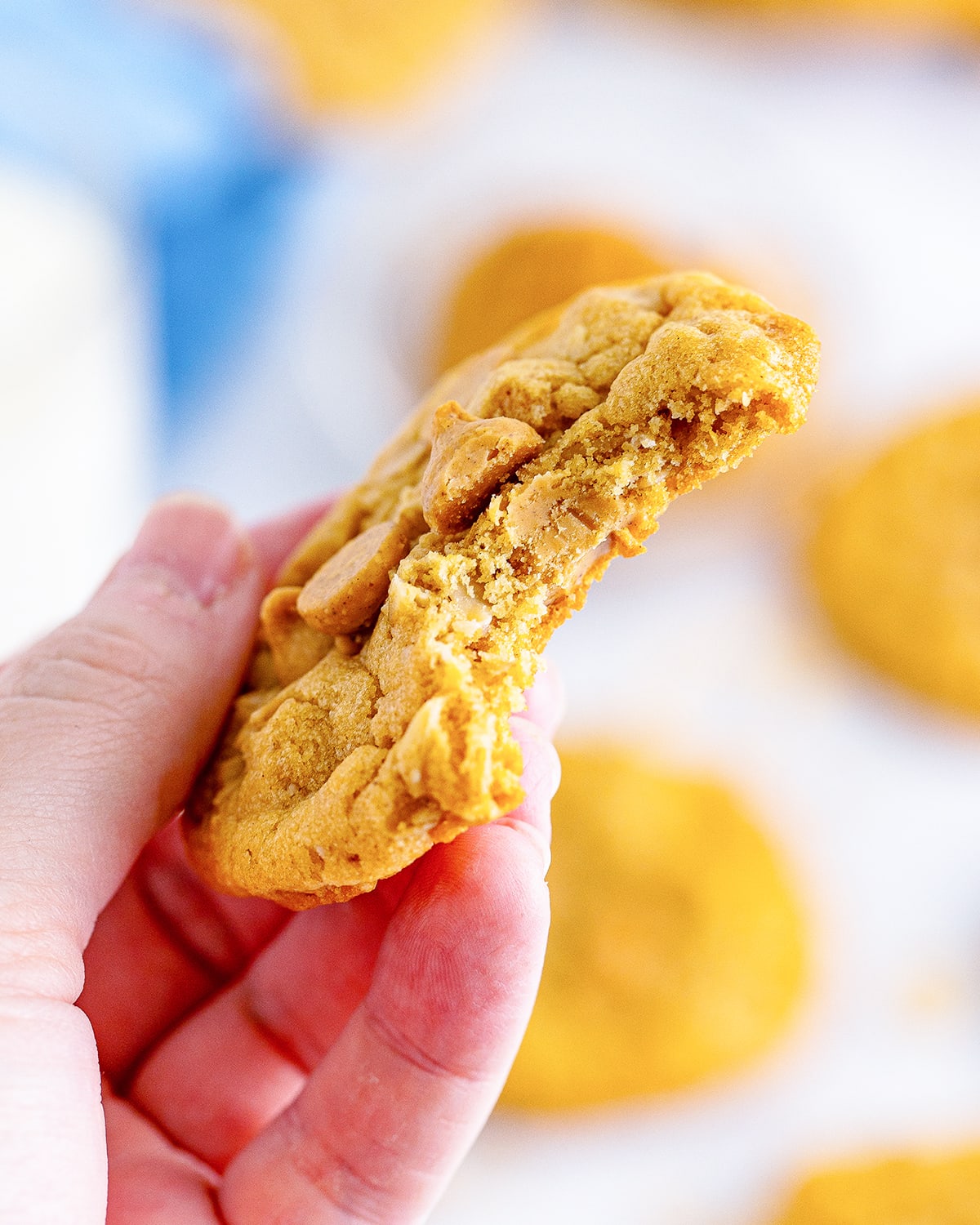 A hand holding a peanut butter cookie with a bite out of it.