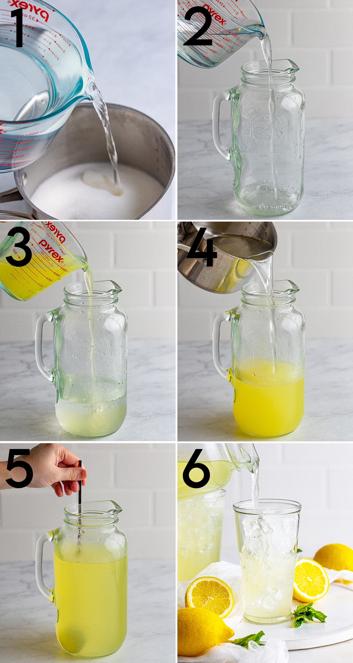 A collage of 6 photos showing the steps to make lemonade