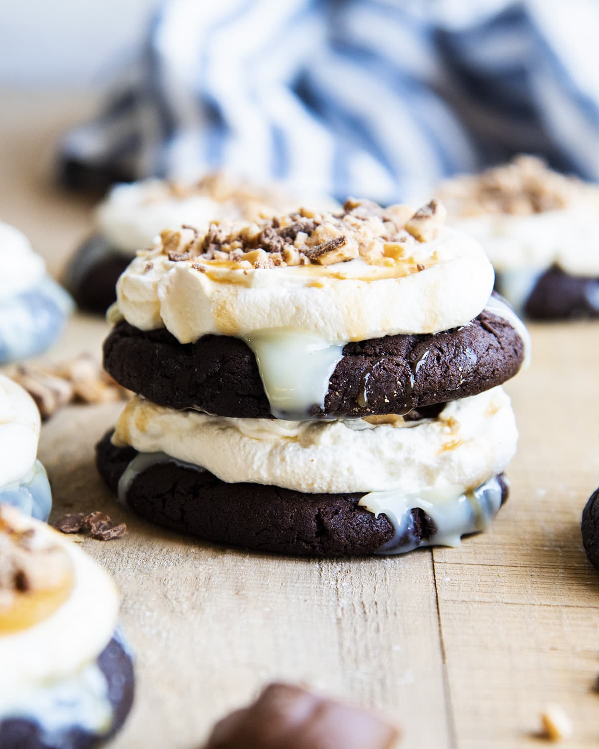 A stack of two better than sex cookies, inspired by the cake.